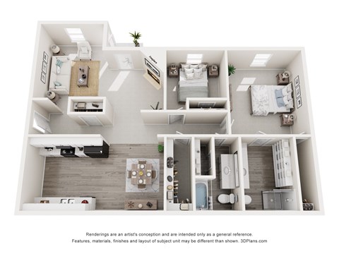 A 3D floor plan of a small apartment with two bedrooms and a living room.